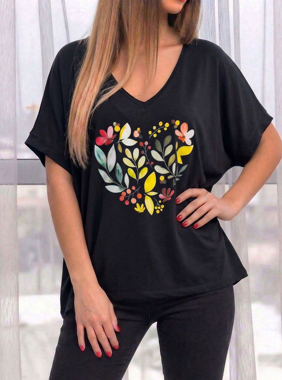 V nyakú, virág mintás felső (fekete)