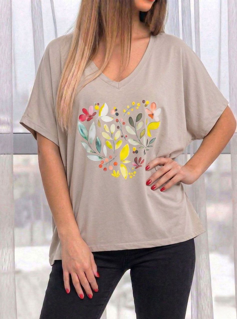 V nyakú, virág mintás felső (bézs)