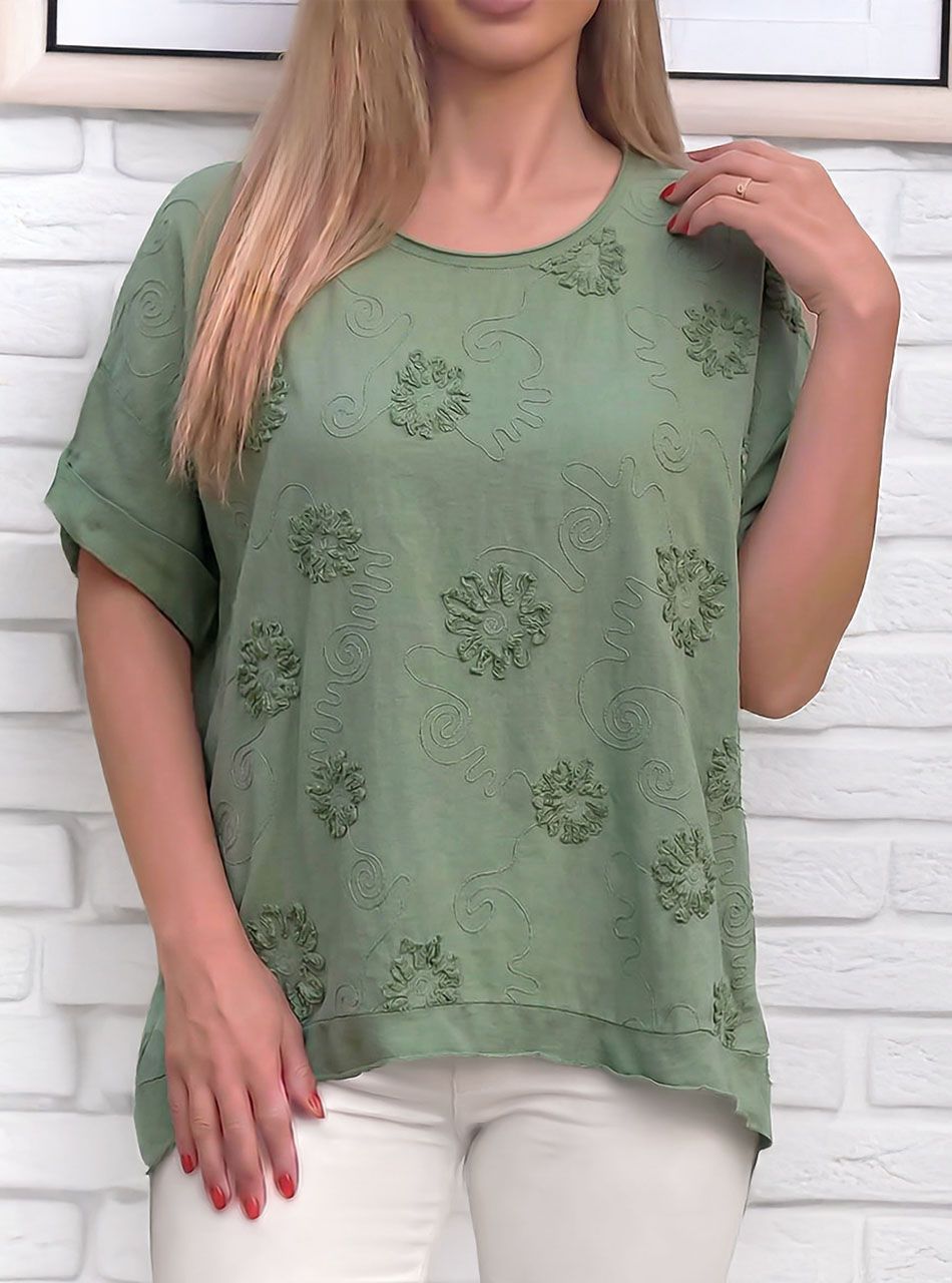 Hímzett mintás, laza felső (kheki)