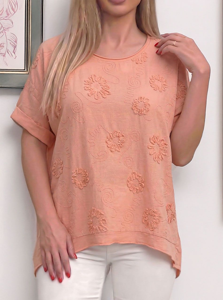 Hímzett mintás, laza felső (barack)