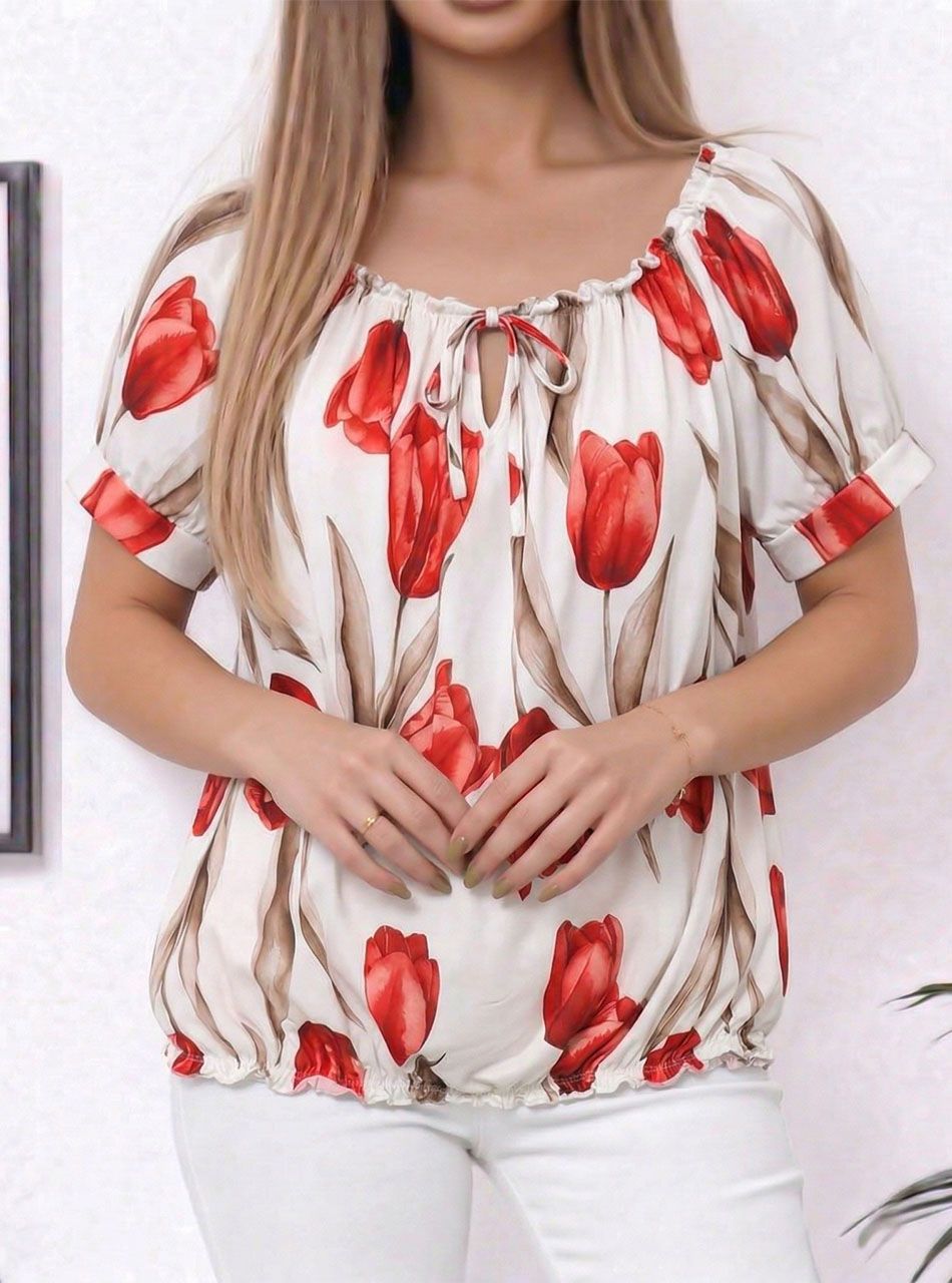 Nyaknál gumírozott, virág mintás felső (piros)