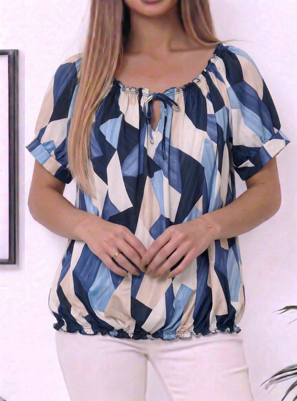 Kelly, nyaknál gumírozott mintás felső (sötétkék)