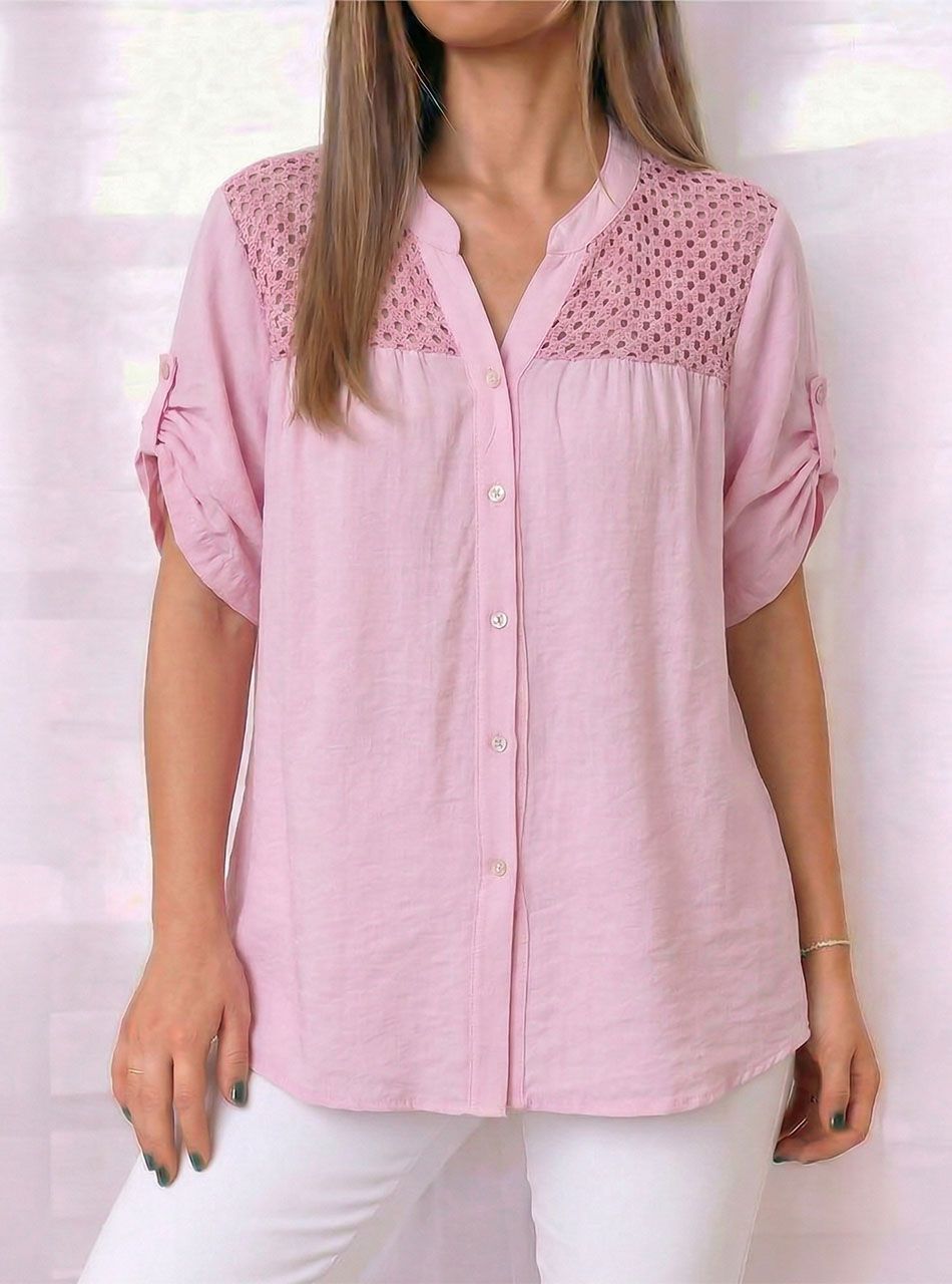 Horgolt tetejű, felgombolható ujjú ingblúz (rózsaszín)