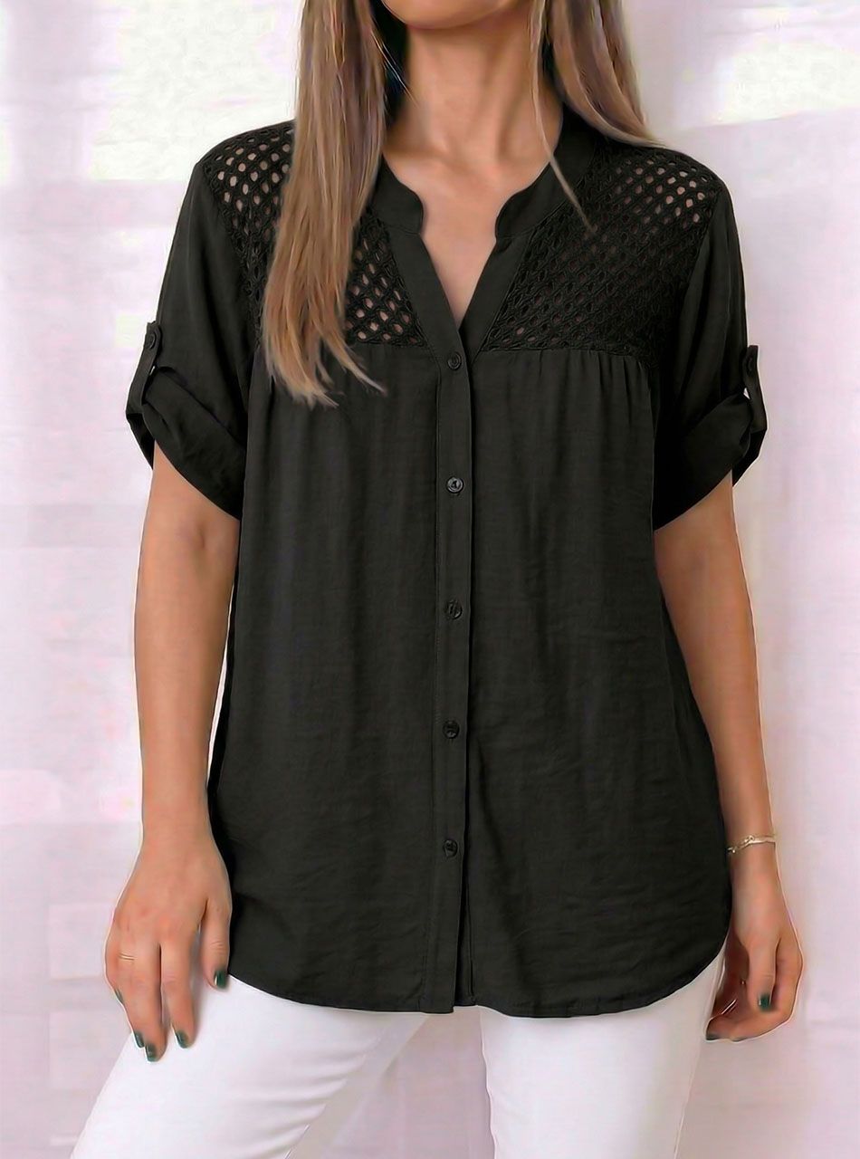 Horgolt tetejű, felgombolható ujjú ingblúz (fekete)