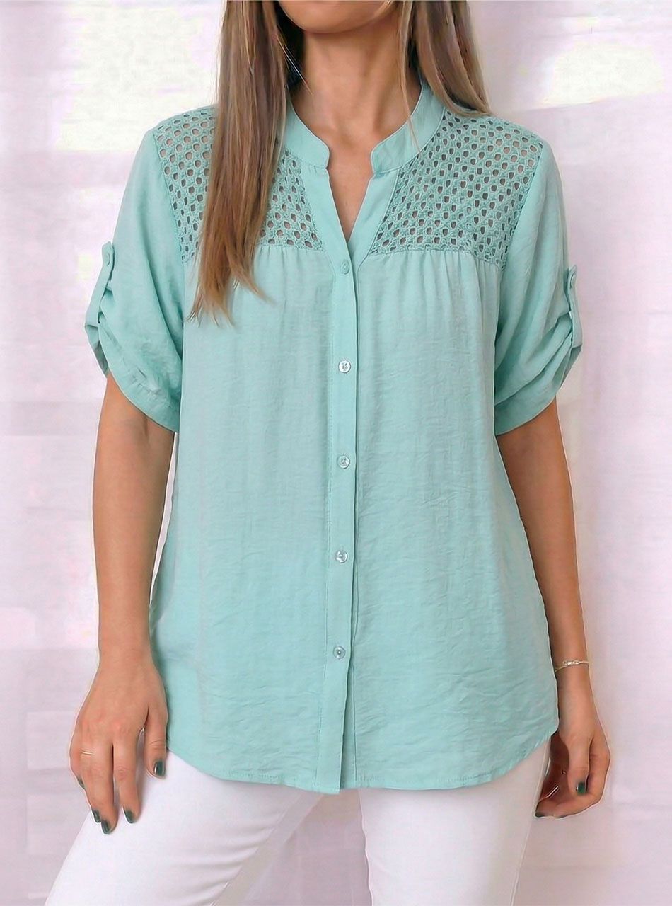 Horgolt tetejű, felgombolható ujjú ingblúz (világoszöld)