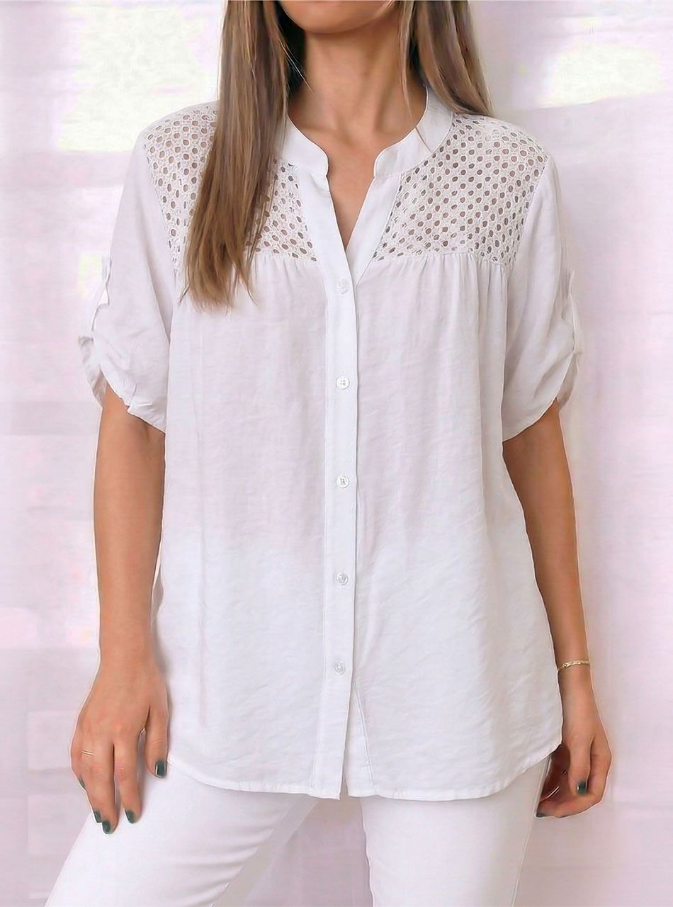 Horgolt tetejű, felgombolható ujjú ingblúz (fehér)