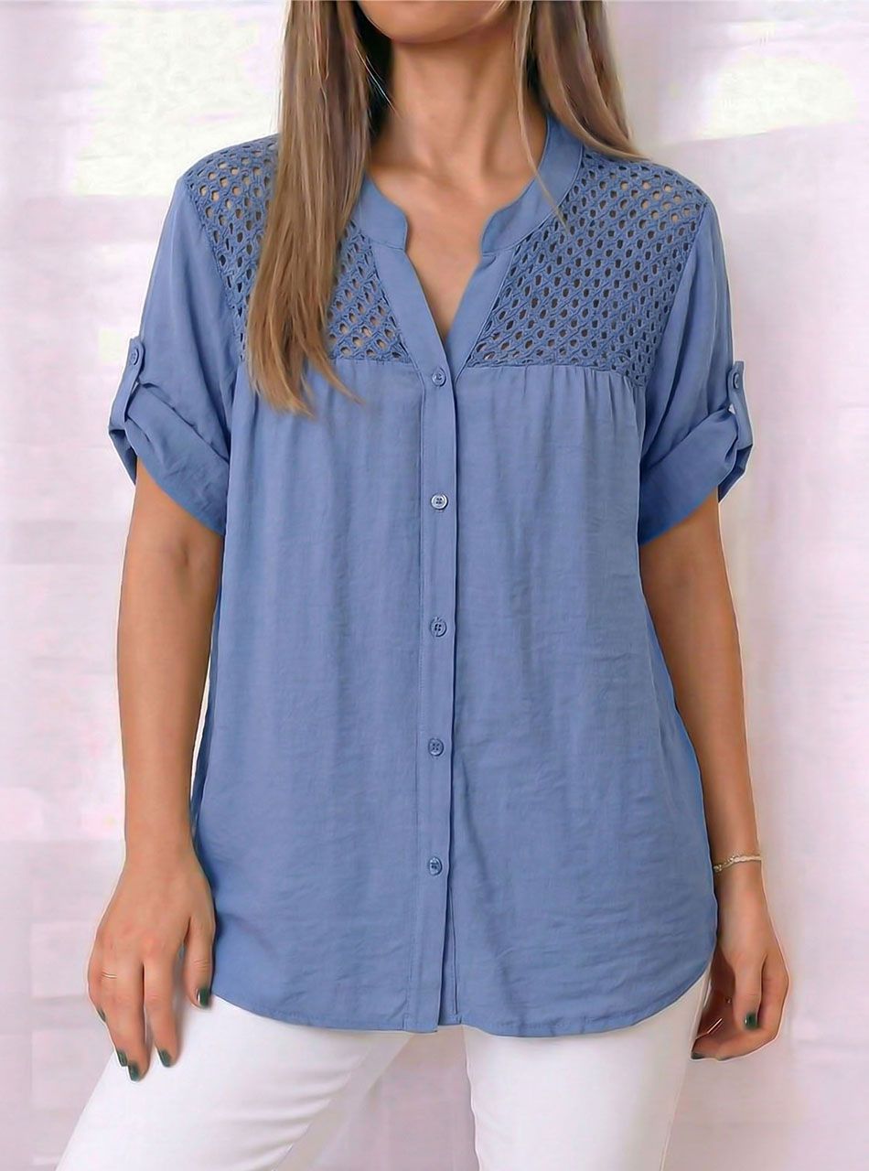 Horgolt tetejű, felgombolható ujjú ingblúz (farmerkék)