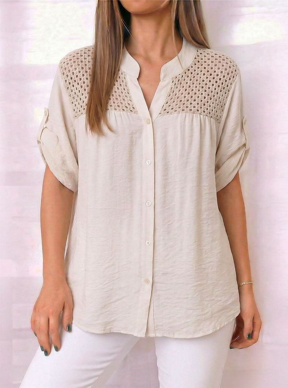 Horgolt tetejű, felgombolható ujjú ingblúz (bézs)