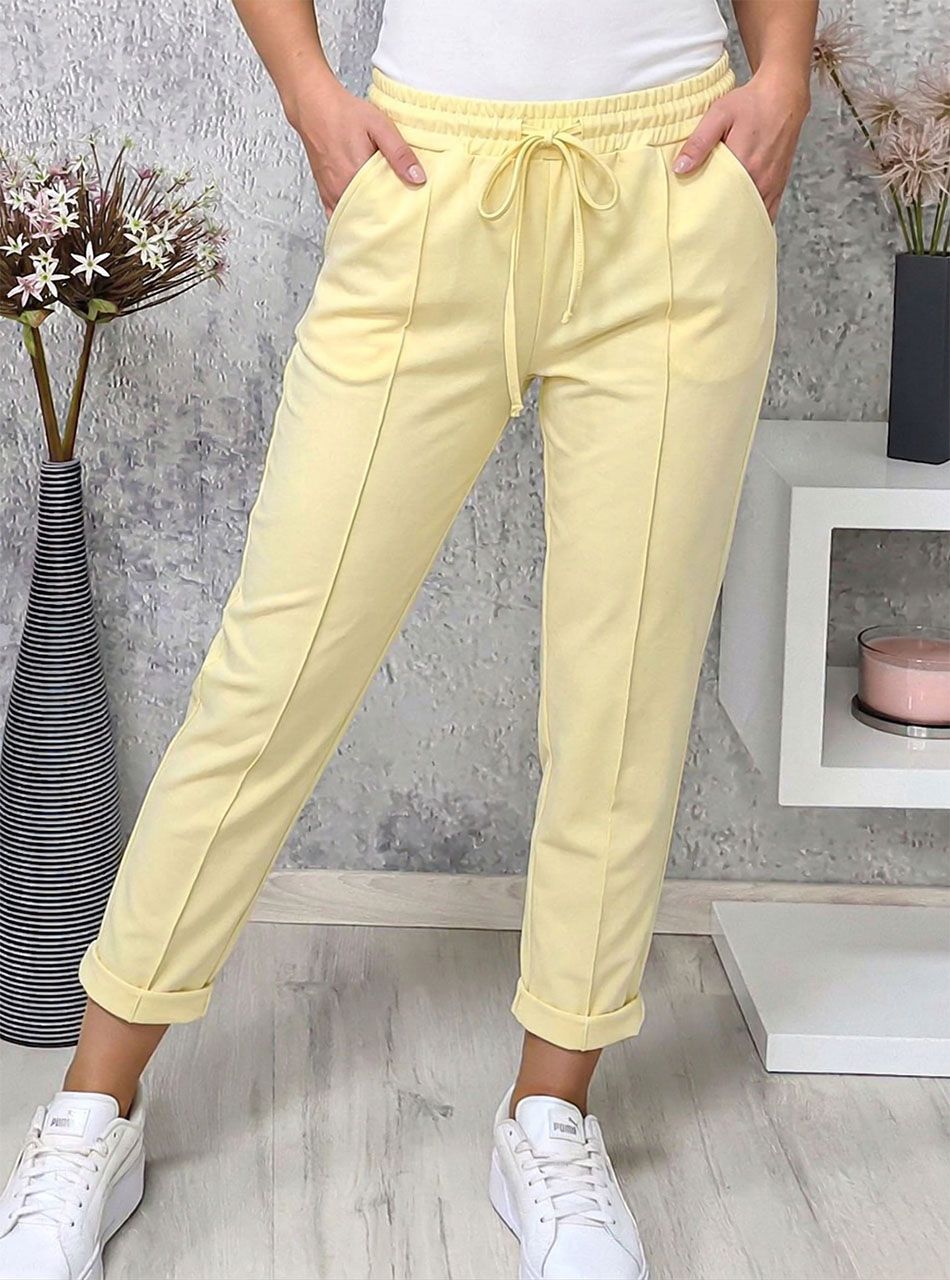 Elején tűzött, gumis derekú zsebes nadrág (sárga)