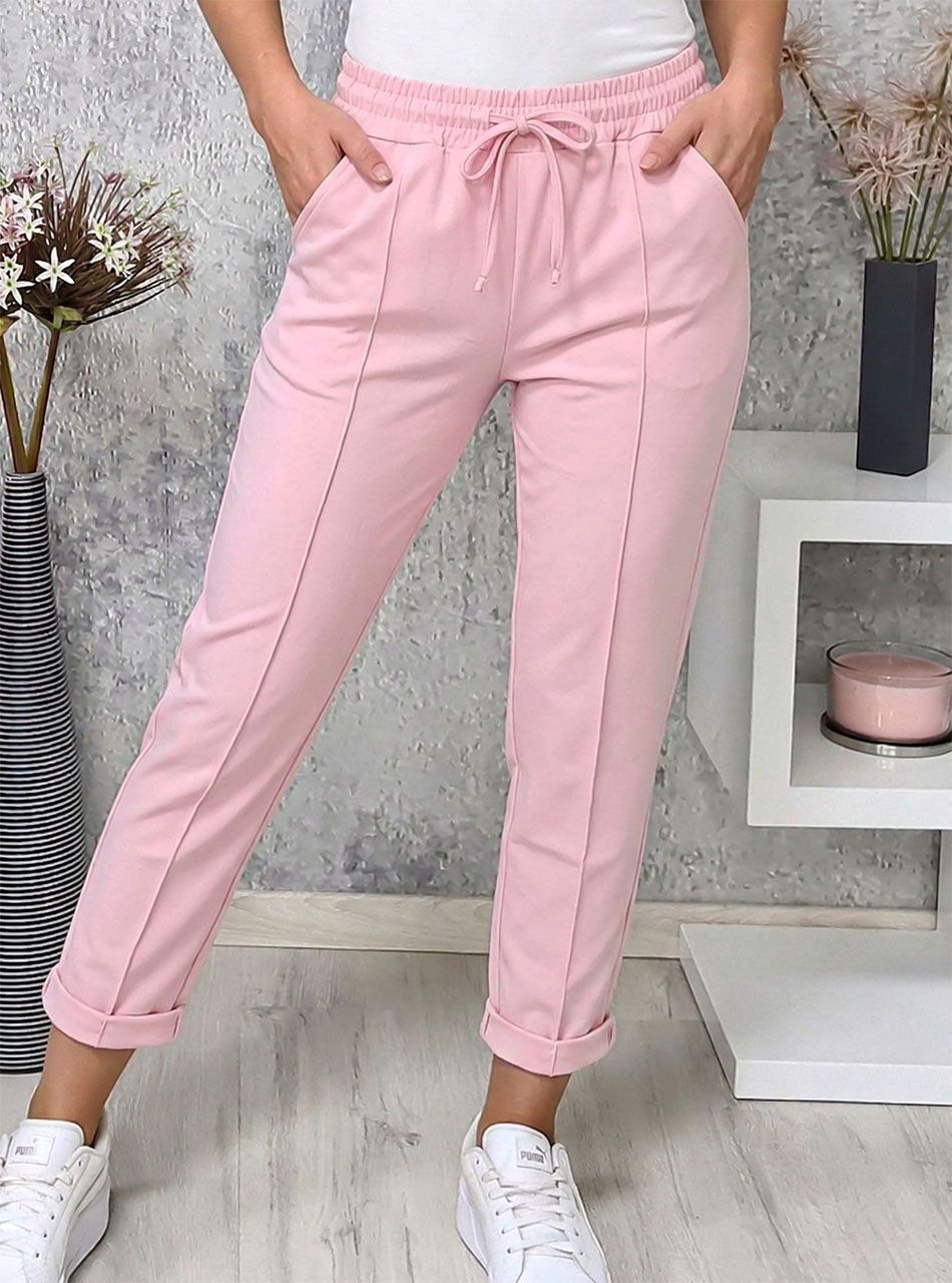 Elején tűzött, gumis derekú zsebes nadrág (rózsaszín)