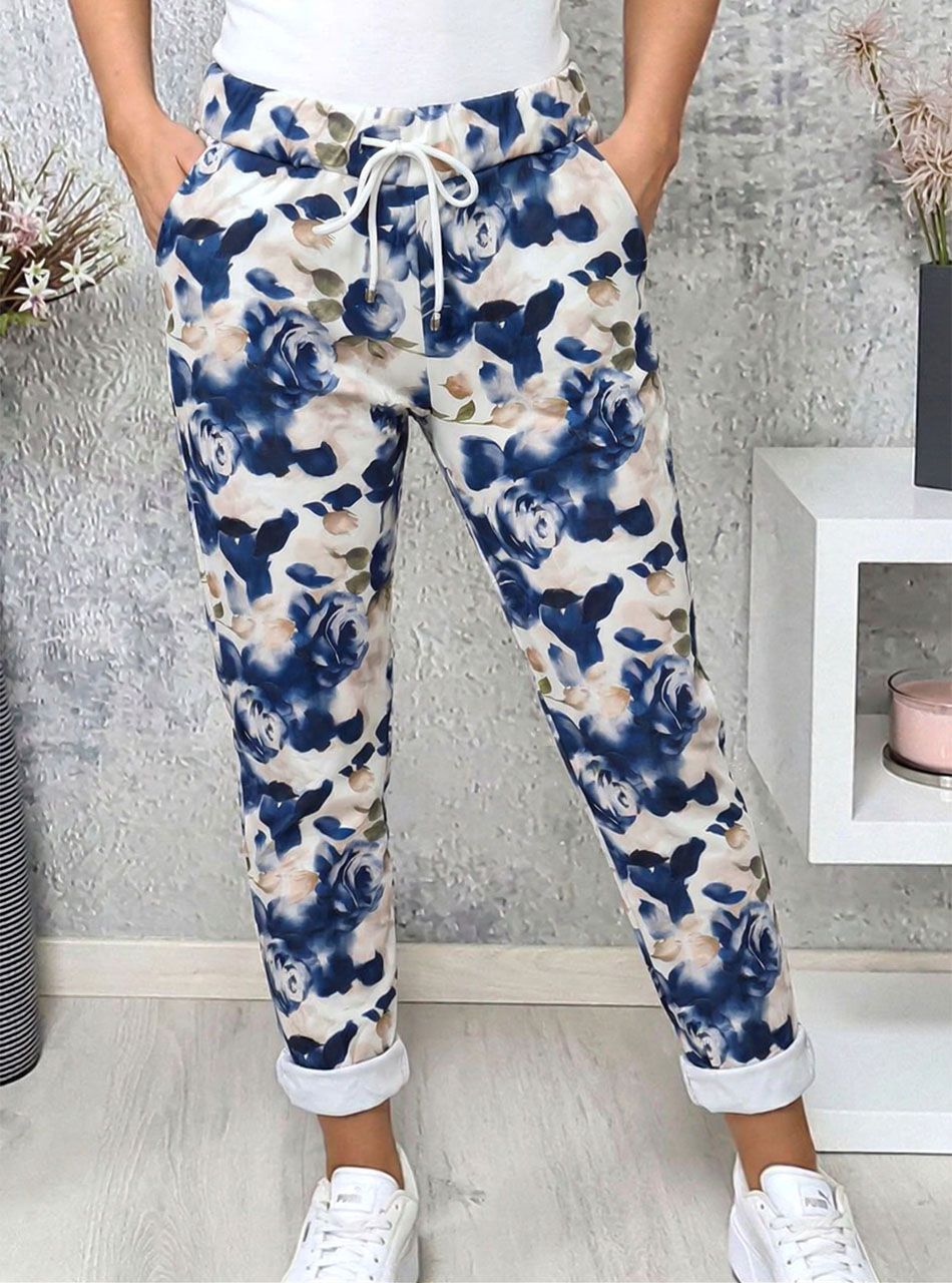 Virág mintás, gumis derekú zsebes nadrág (sötétkék)