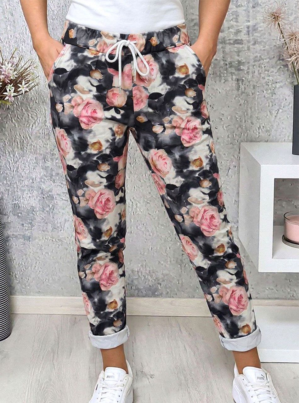 Virág mintás, gumis derekú zsebes nadrág (fekete)