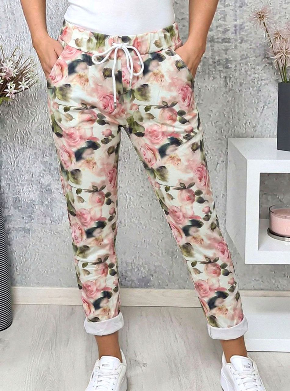 Virág mintás, gumis derekú zsebes nadrág (bézs)