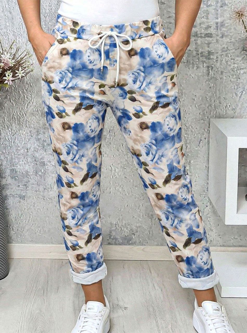 Virág mintás, gumis derekú zsebes nadrág (világoskék)