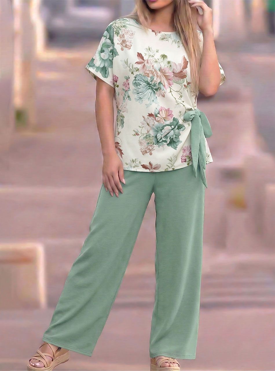 Oldalt kötős, virág mintás lenge együttes (világoszöld)