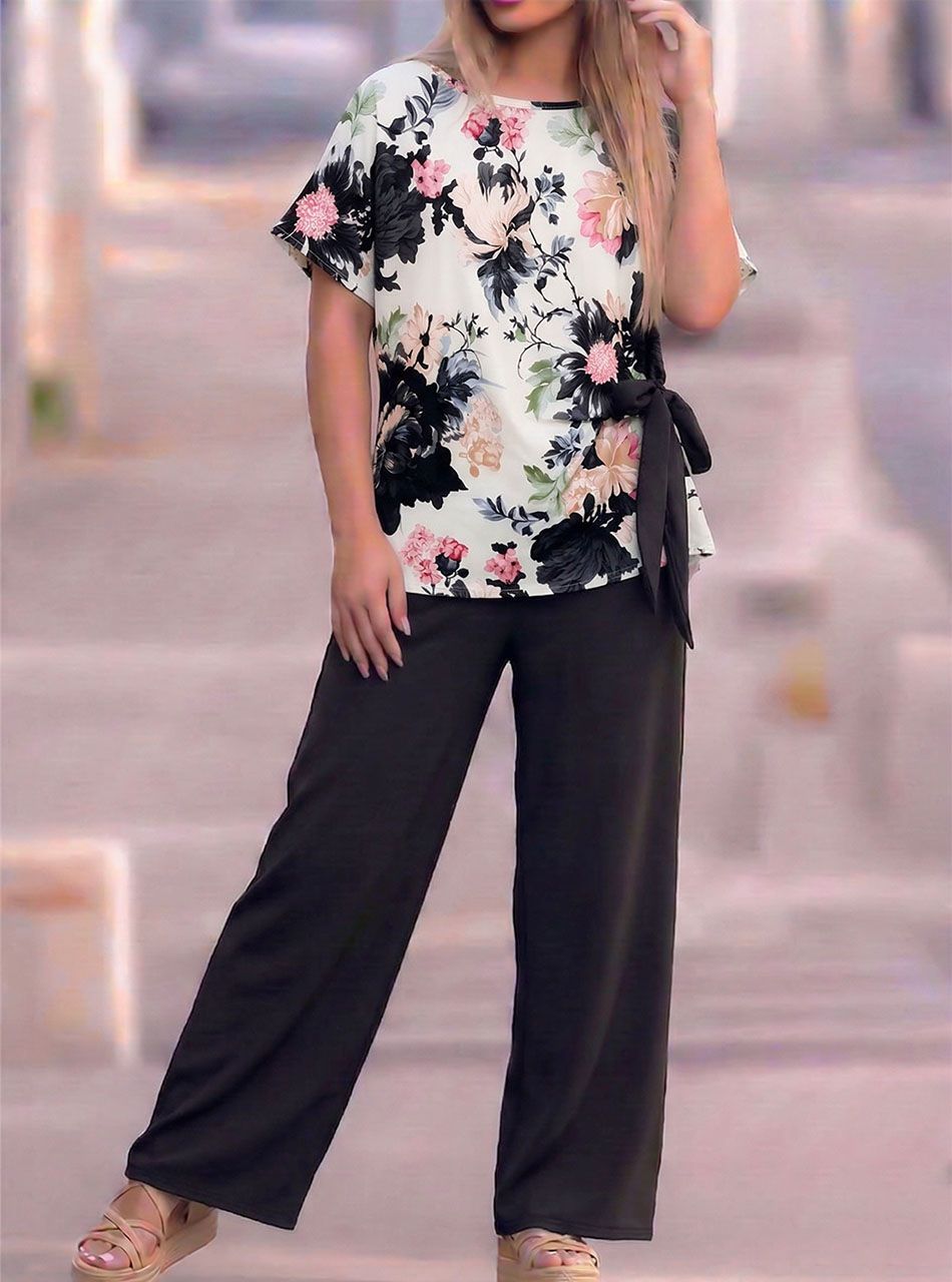 Oldalt kötős, virág mintás lenge együttes (fekete)