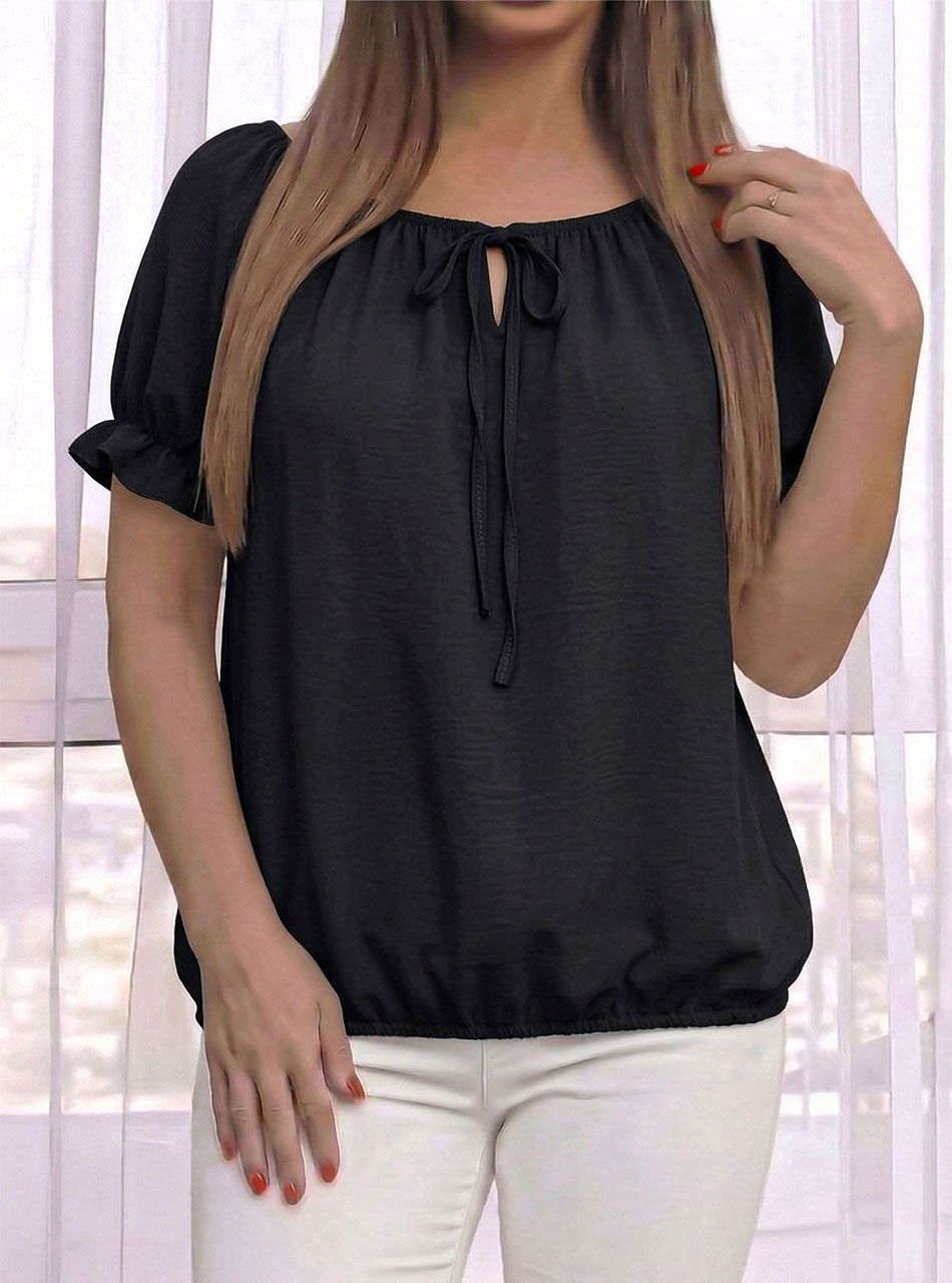 Nyaknál kötős, gumis ujjú felső (fekete)