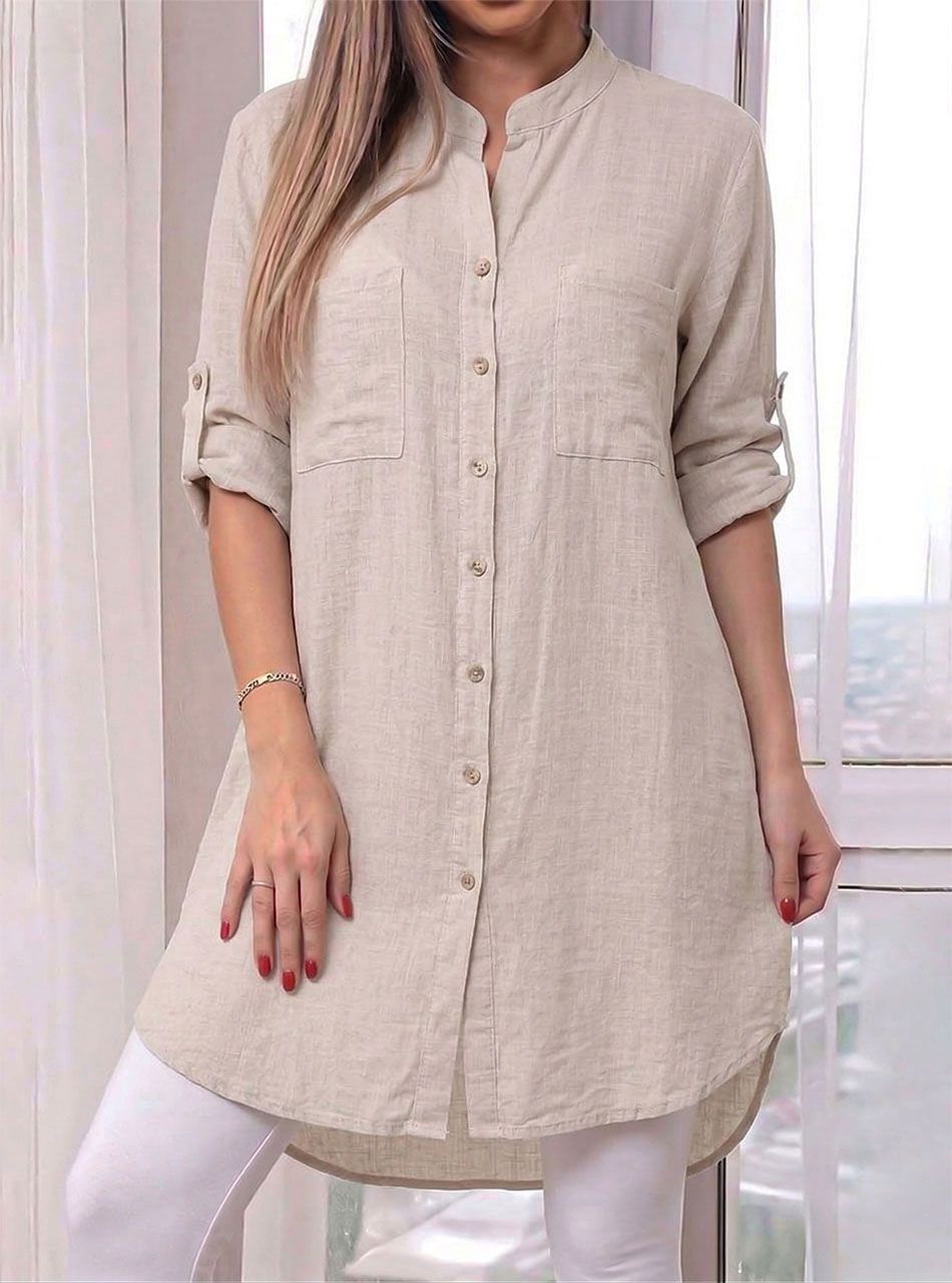 Felgombolható ujjú, lenes ingtunika (bézs)