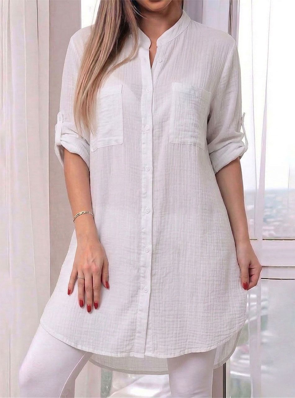 Felgombolható ujjú, lenes ingtunika (fehér)
