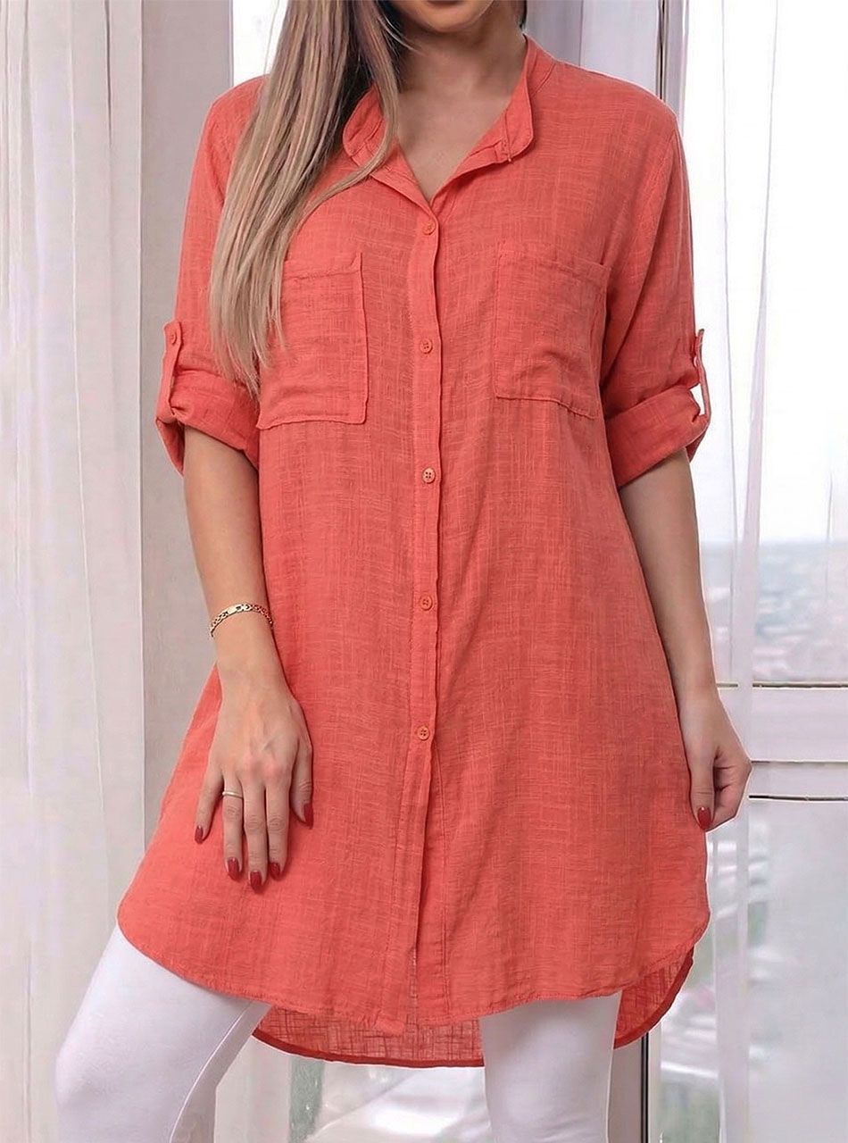 Felgombolható ujjú, lenes ingtunika (korall)