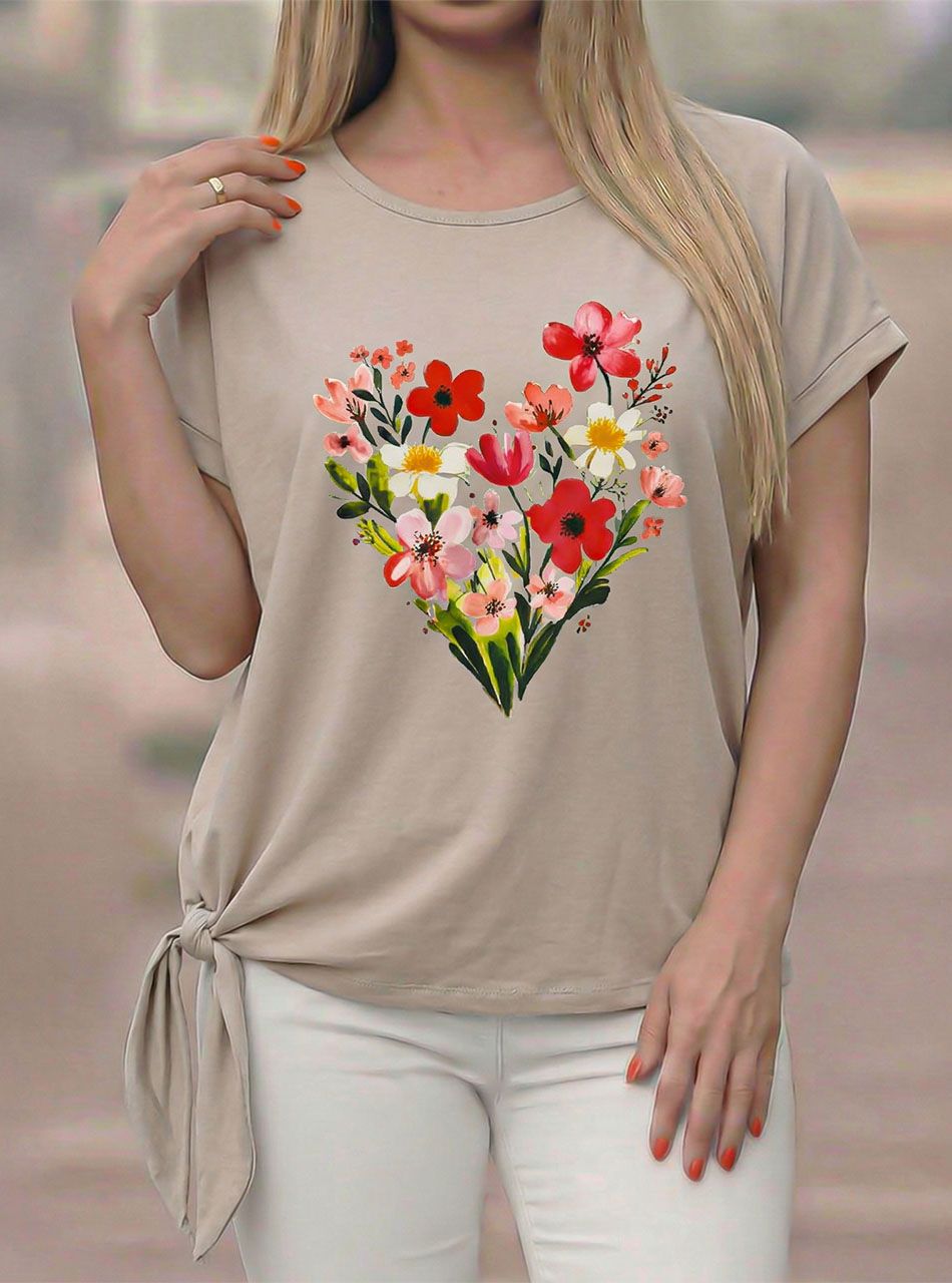 Oldalt kötős, virág mintás felső (bézs)