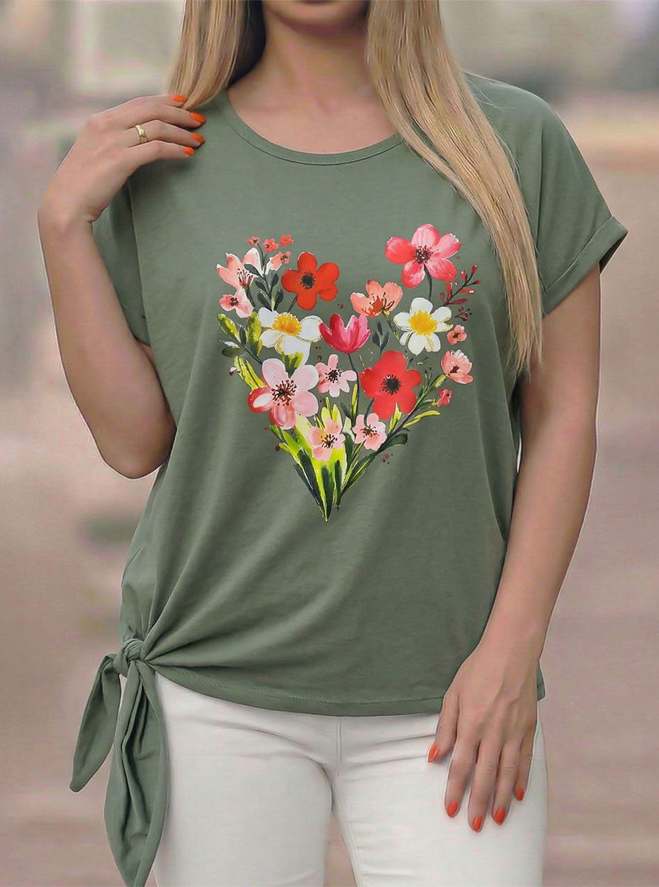 Oldalt kötős, virág mintás felső (kheki)