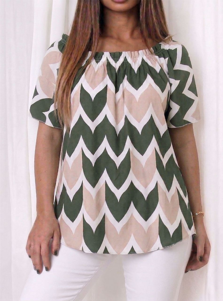 Nyaknál gumírozott, mintás felső (kheki)