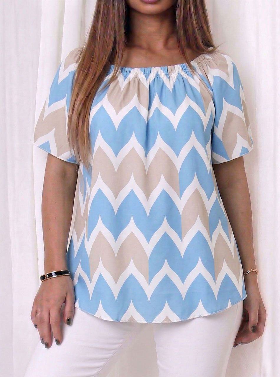 Nyaknál gumírozott, mintás felső (világoskék)  