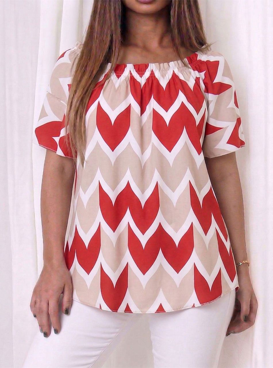 Nyaknál gumírozott, mintás felső (piros)