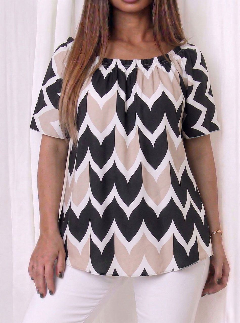 Nyaknál gumírozott, mintás felső (fekete)