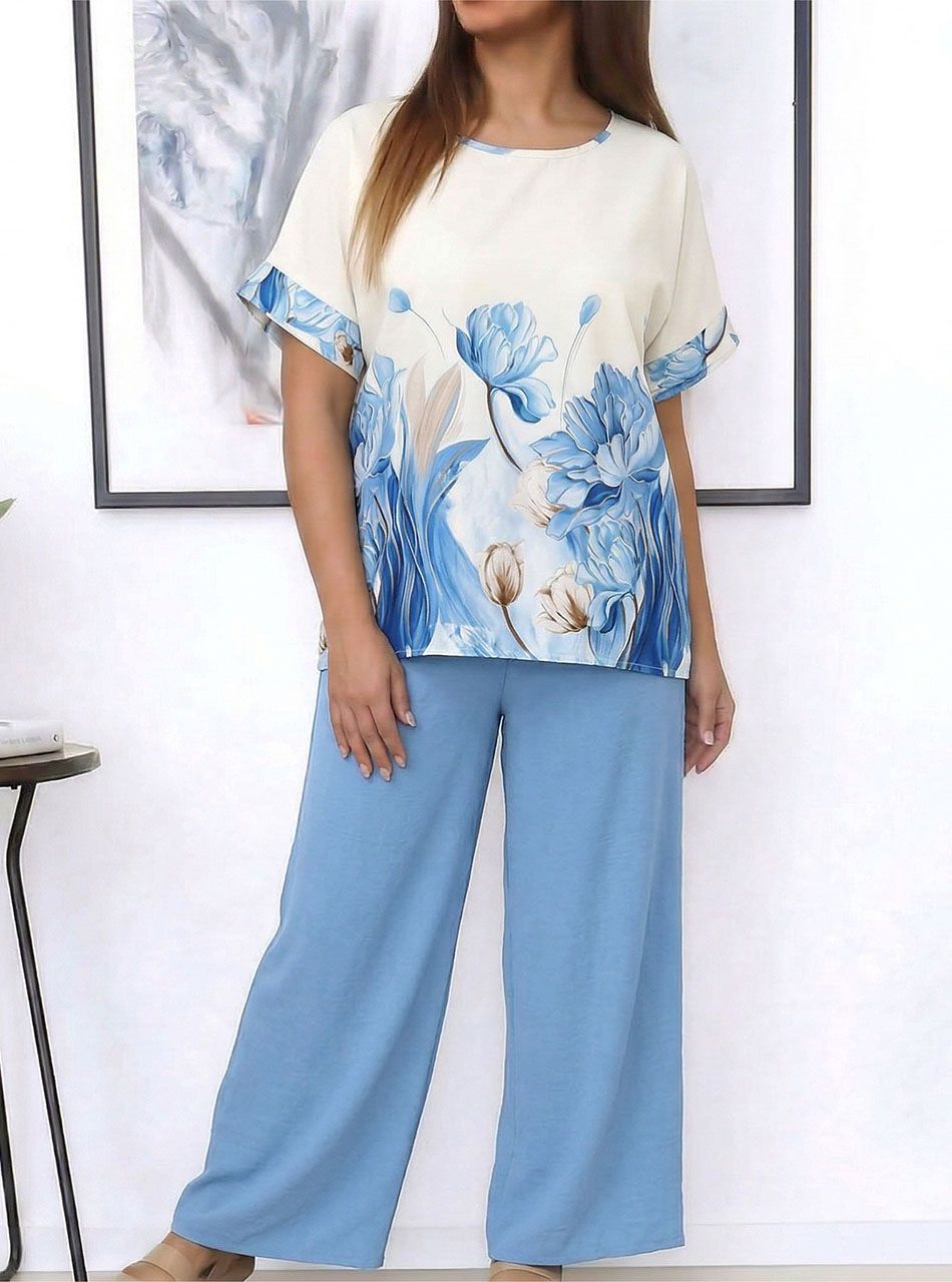 Virág mintás lenge együttes (világoskék)