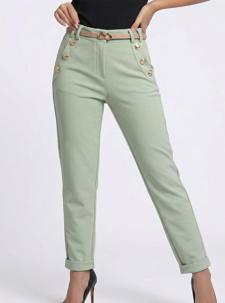 Díszgombos, díszzsebes nadrág övvel (halvány zöld)