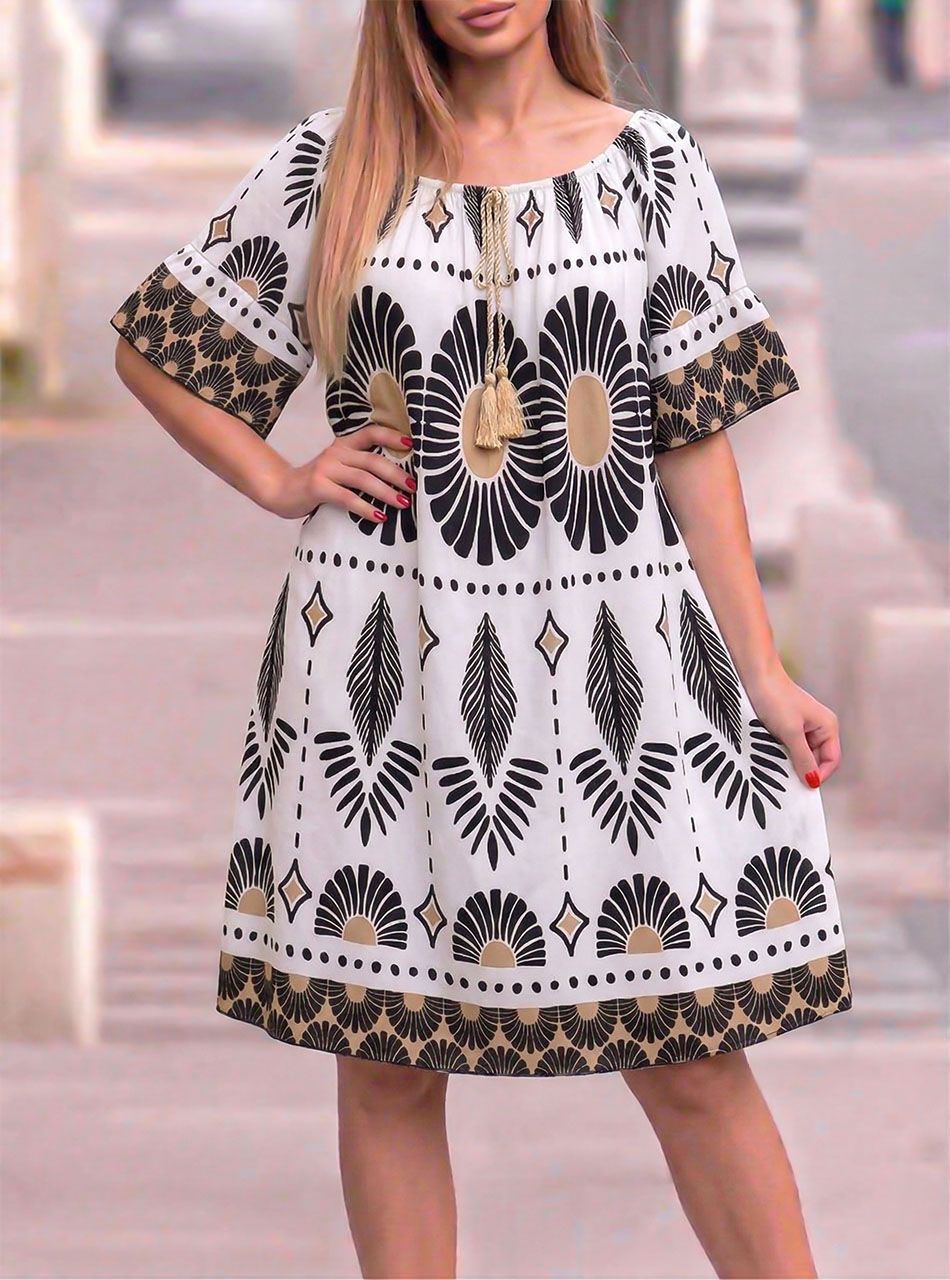 Nyaknál gumírozott, mintás lenge ruha (fekete)