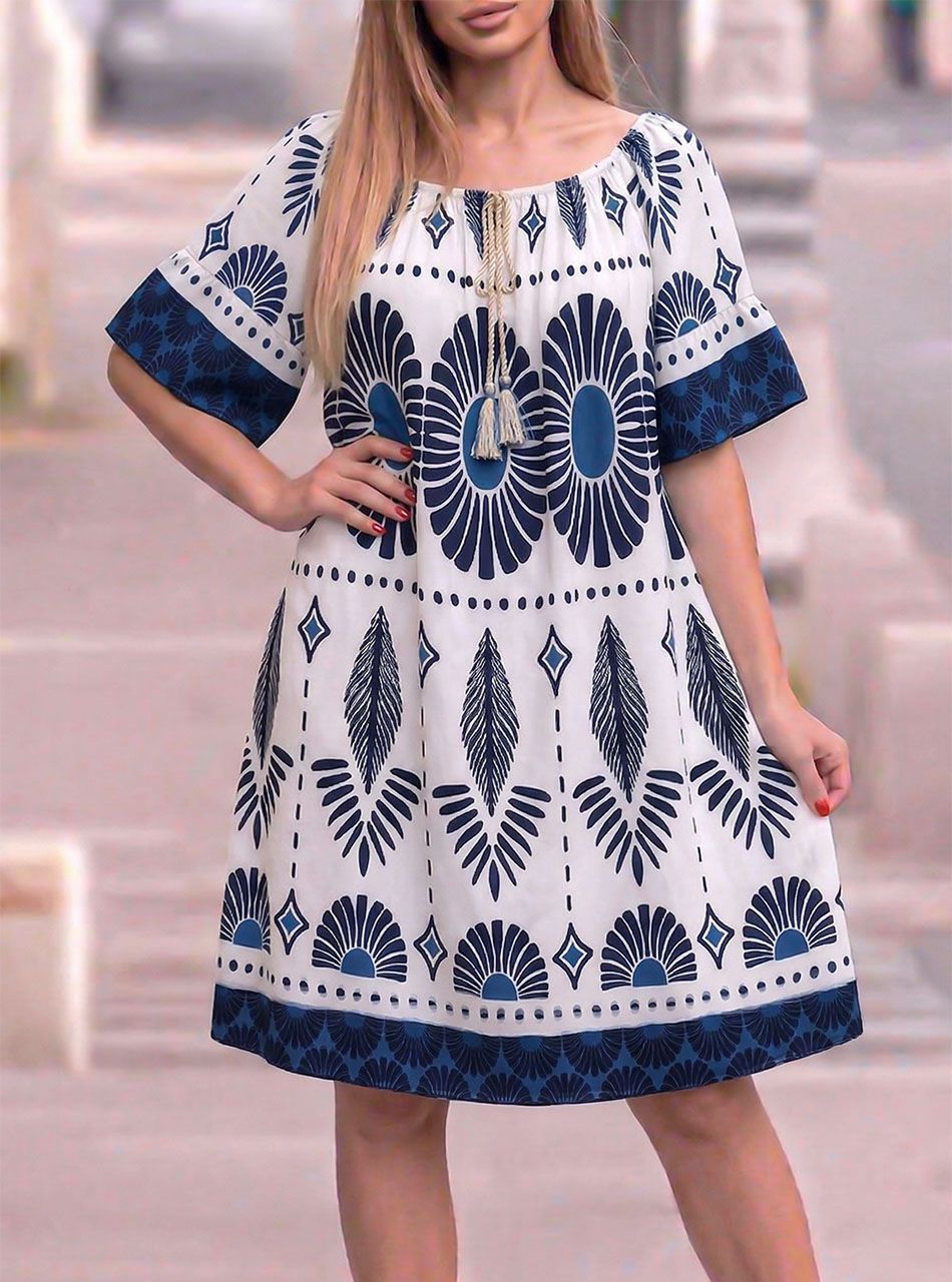 Nyaknál gumírozott, mintás lenge ruha (sötétkék)