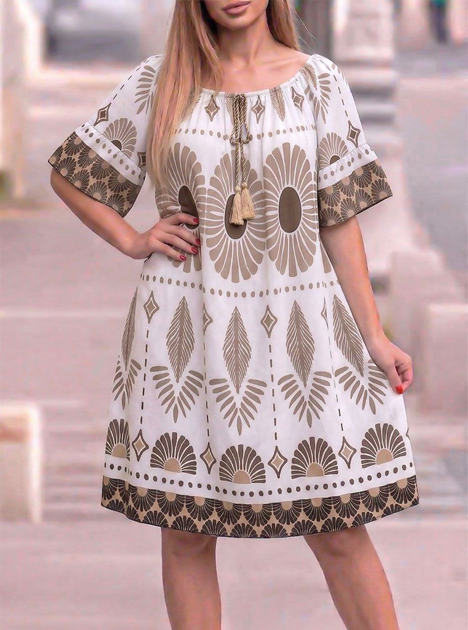 Nyaknál gumírozott, mintás lenge ruha (bézs)