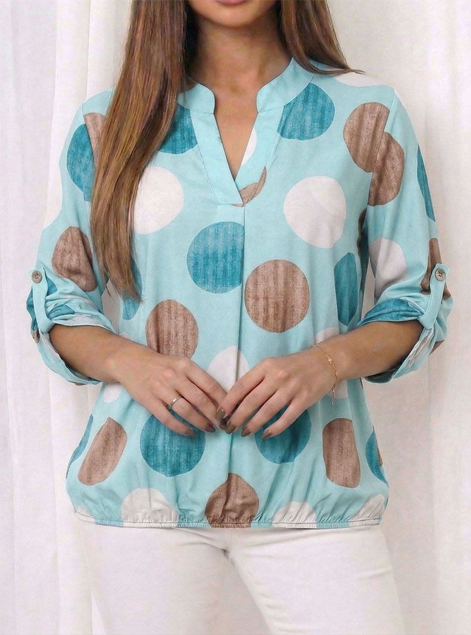 Felgombolható ujjú, pöttyös-mintás gumis aljú felső (vízzöld)