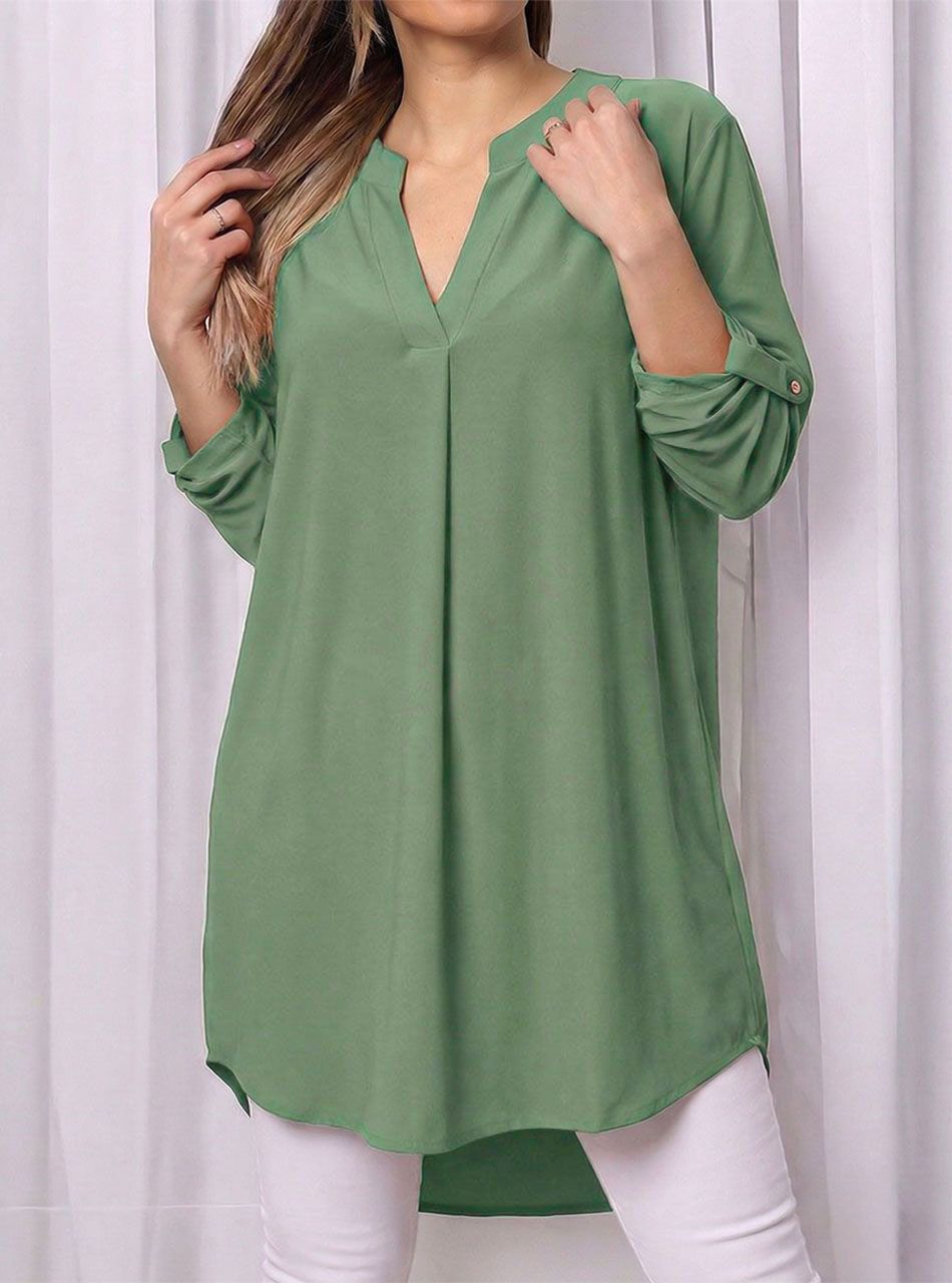 Felgombolható ujjú, V nyakú tunika (zöld I.)
