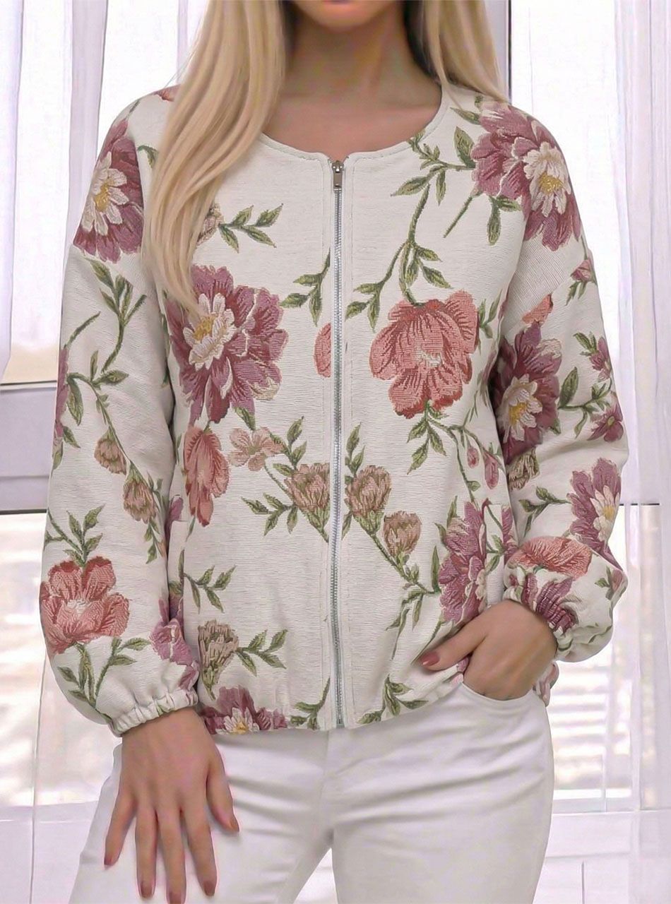 Gumis aljú, virág mintás kabátka (púder)