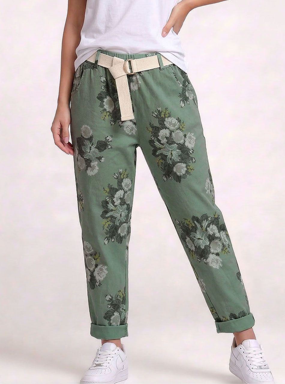 Virág mintás, gumis derekú zsebes nadrág (kheki)