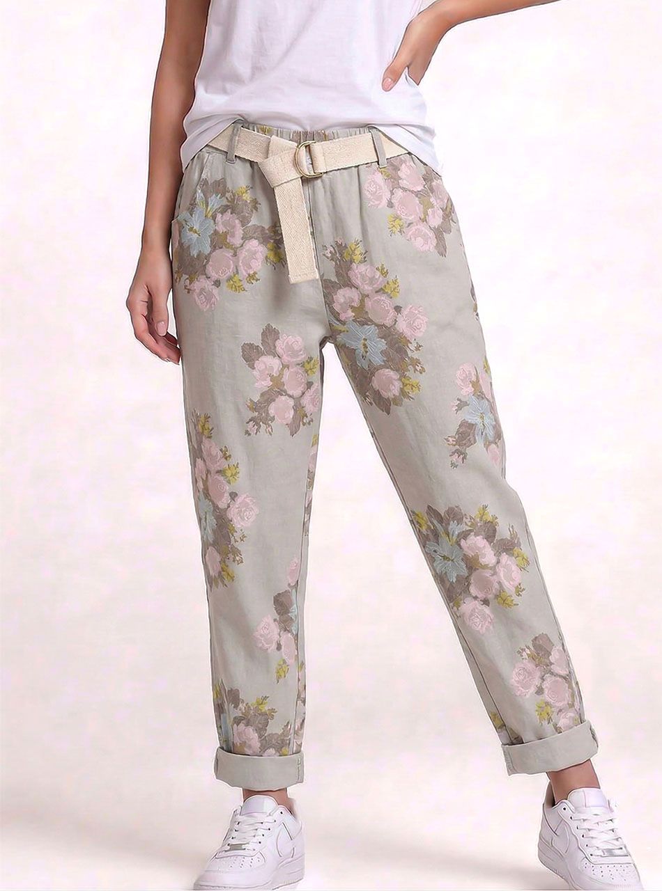 Virág mintás, gumis derekú zsebes nadrág (bézs)