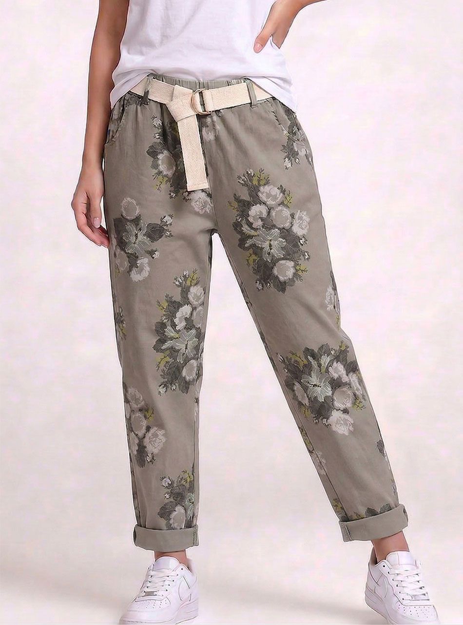 Virág mintás, gumis derekú zsebes nadrág (tejeskávé)