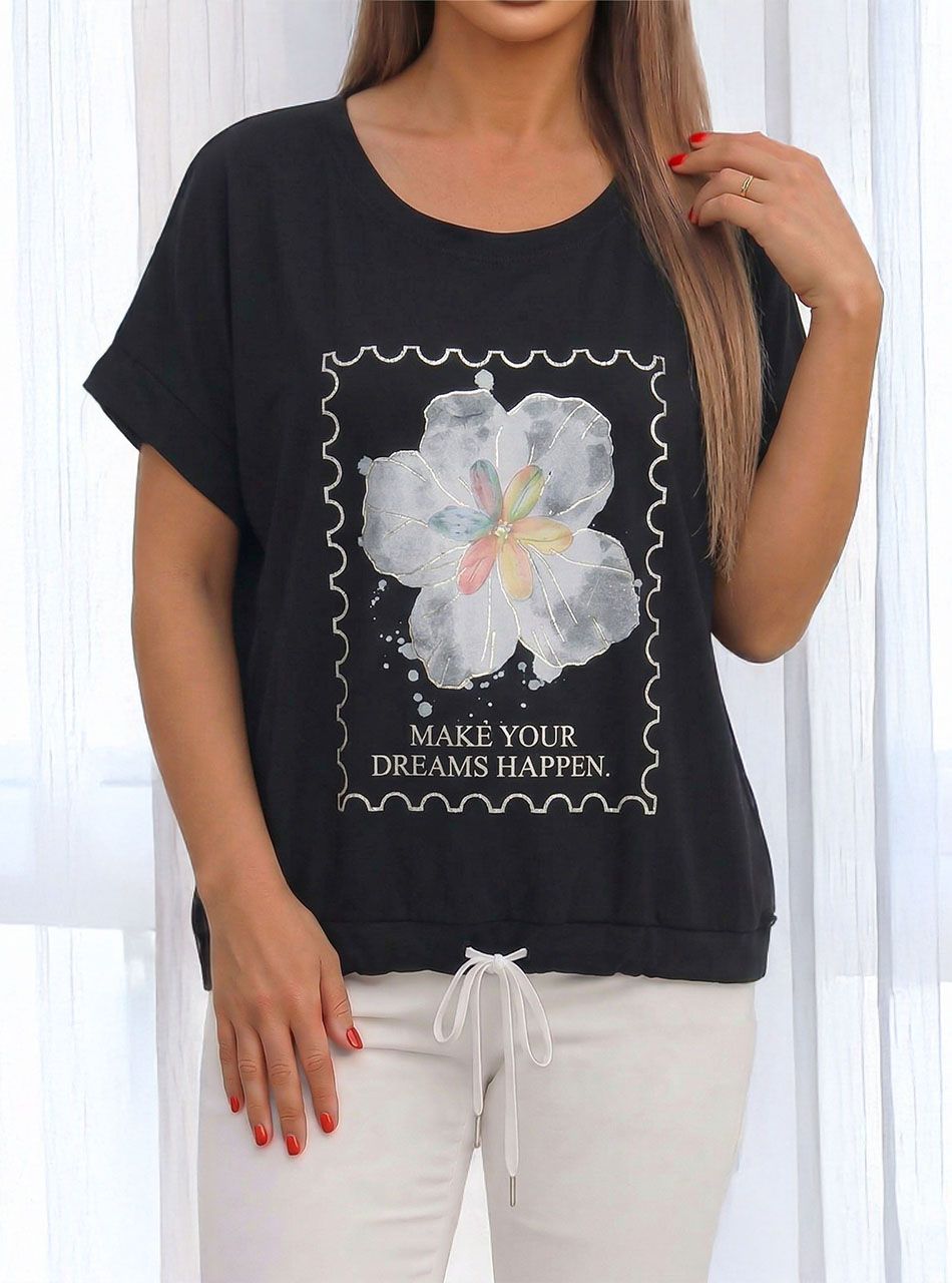 Alján húzható, virág mintás felső (fekete)