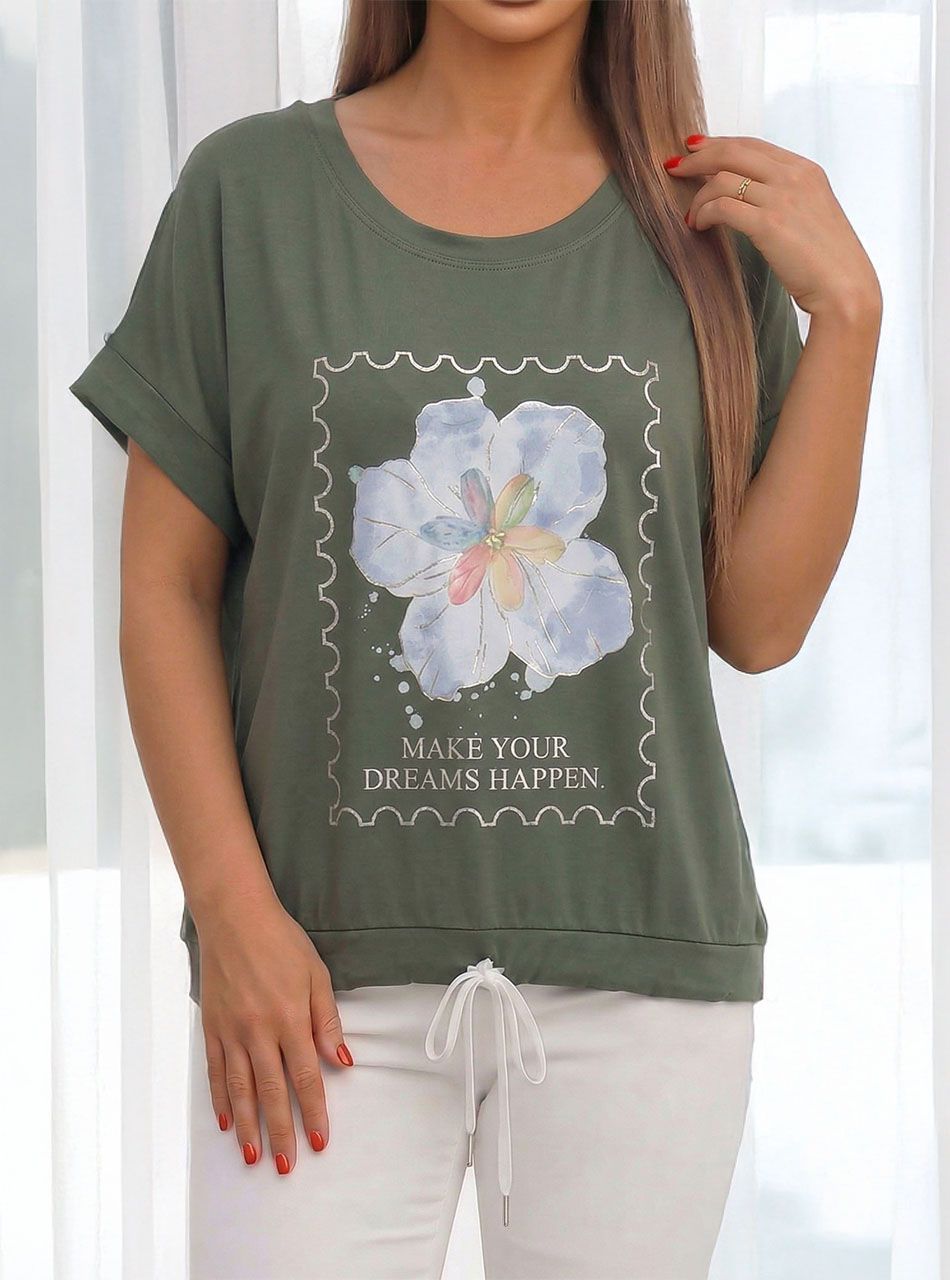 Alján húzható, virág mintás felső (kheki)