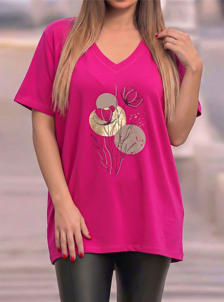 V nyakú, strasszos virág mintás felső (pink) 