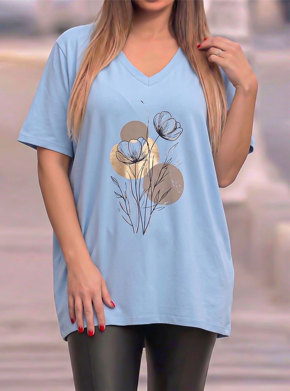 V nyakú, strasszos virág mintás felső (világoskék)