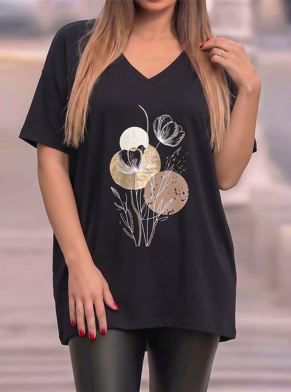 V nyakú, strasszos virág mintás felső (fekete)