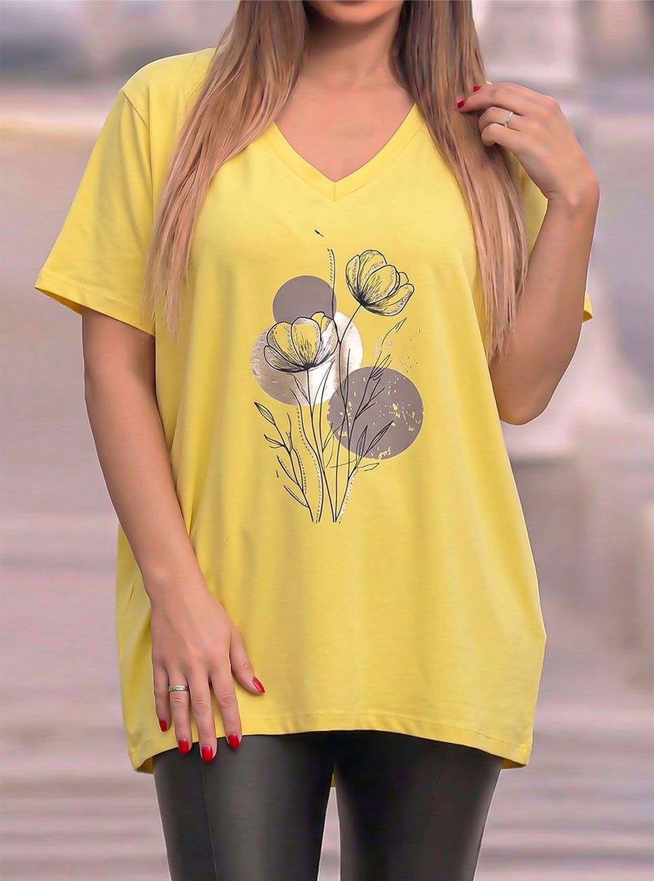 V nyakú, strasszos virág mintás felső (sárga)