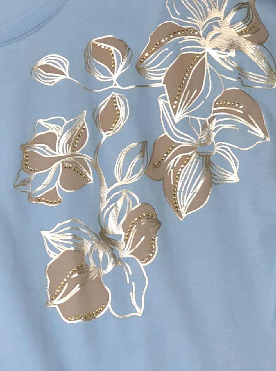 Passzés aljú, virág mintás strasszos felső (világoskék)
