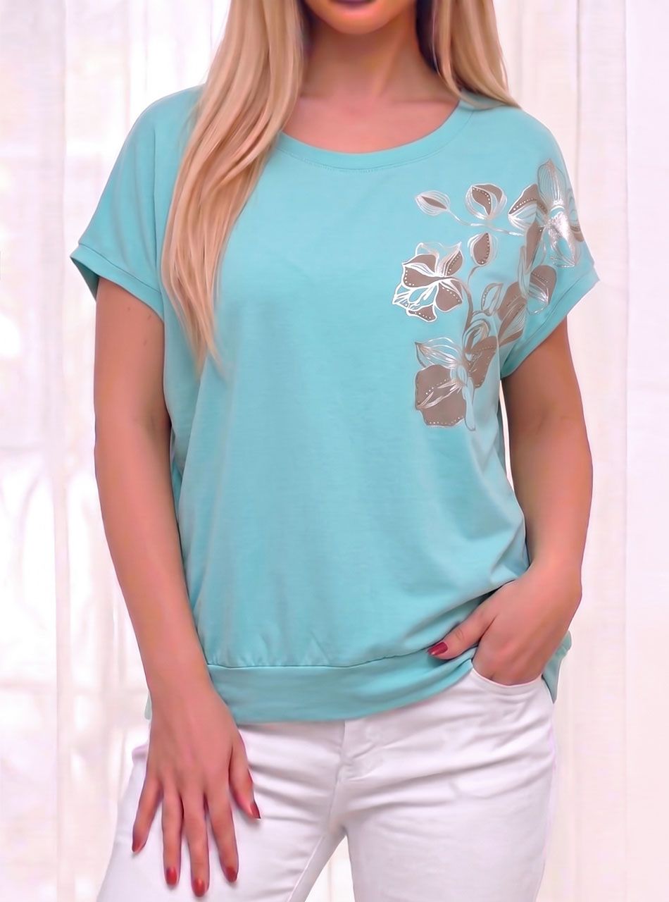 Passzés aljú, virág mintás strasszos felső (vízzöld)