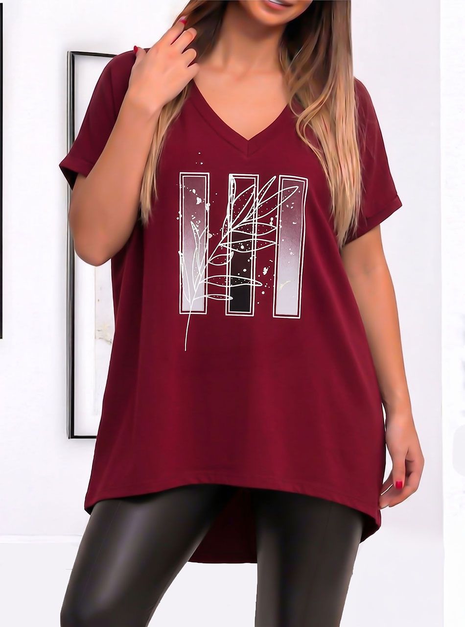 V nyakú, mintás laza felső (bordó) 